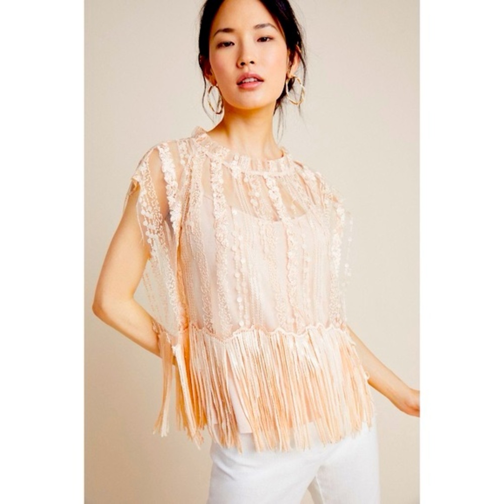 Anthropologie pink sequin tassel blouse size medium